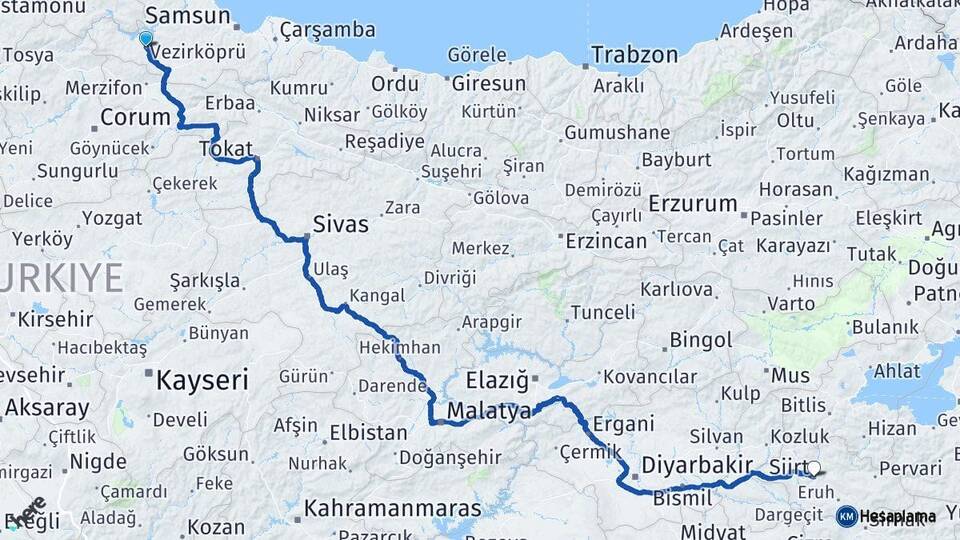 Samsun Vezirköprü Siirt Arası Kaç Km - Yol Haritası