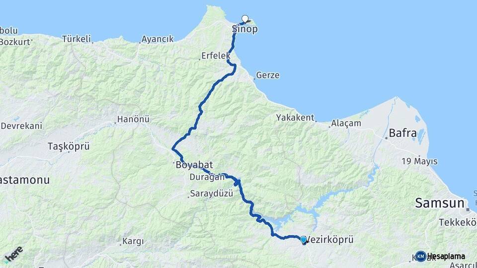 Samsun Vezirköprü Sinop Arası Kaç Km - Yol Haritası