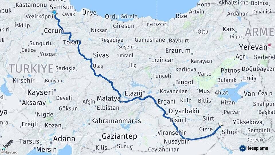 Samsun Vezirköprü Şırnak Arası Kaç Km - Yol Haritası