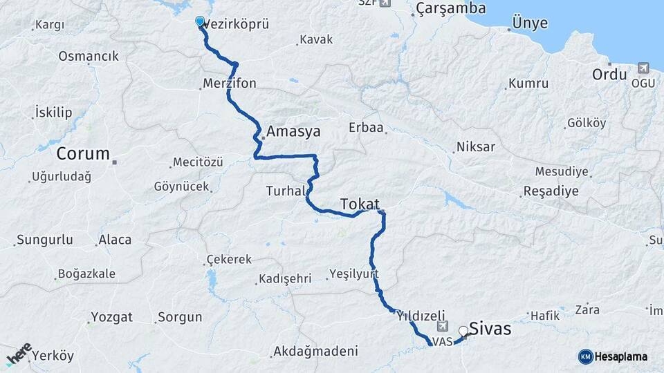 Samsun Vezirköprü Sivas Arası Kaç Km - Yol Haritası