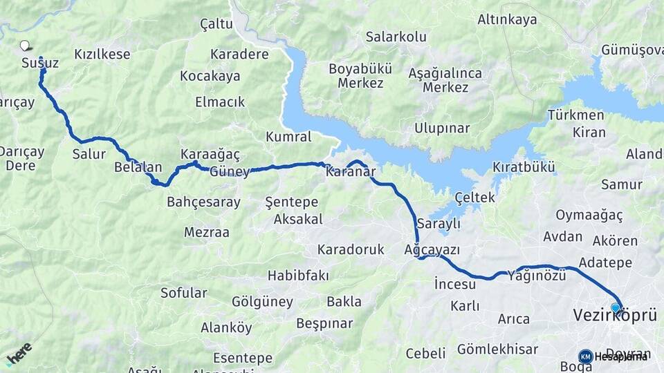 Samsun Vezirköprü Susuz Vezirköprü Arası Kaç Km - Yol Haritası