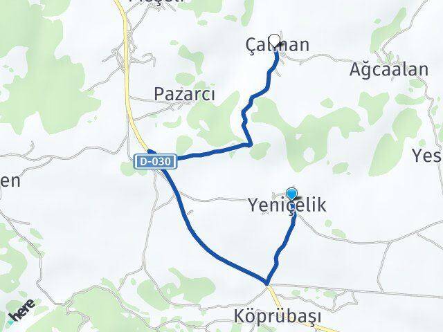 Yeniçelik Çalman Arası Kaç Km - Yol Tarifi