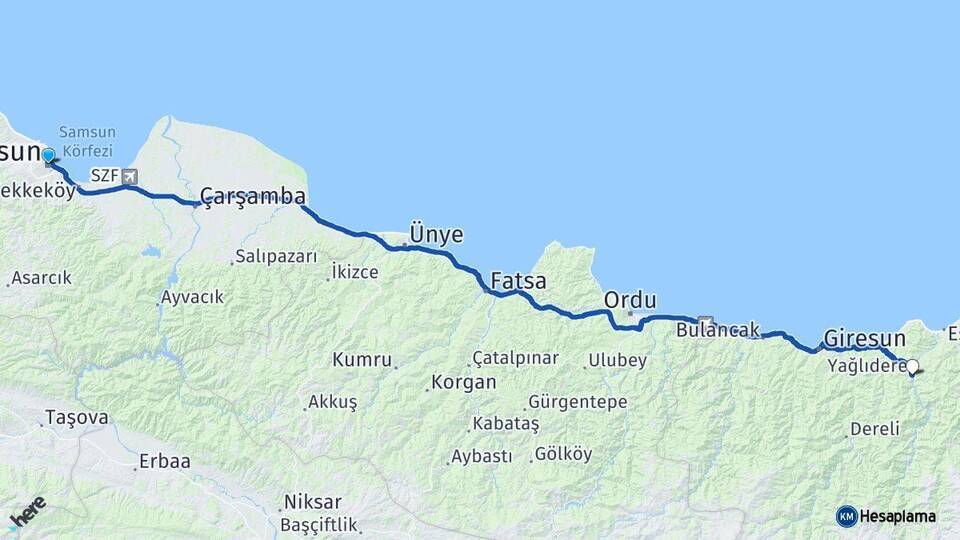 Samsun Yağlıdere Arası Kaç Km - Yol Tarifi