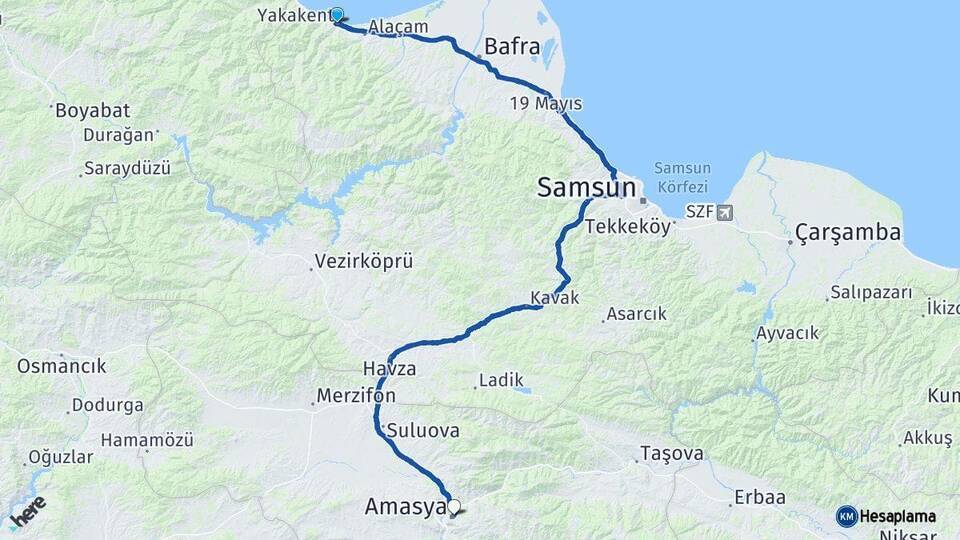 Yakakent Amasya Arası Kaç Km - Yol Tarifi