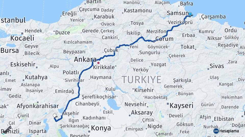 Samsun Yalvaç Isparta Arası Kaç Km - Yol Haritası