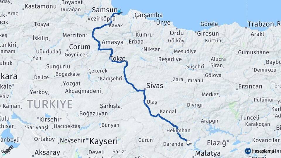 Samsun Yazıhan Malatya Arası Kaç Km - Yol Haritası