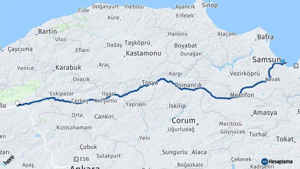 Samsun Yeniçağa Bolu Arası Kaç Km - Yol Haritası