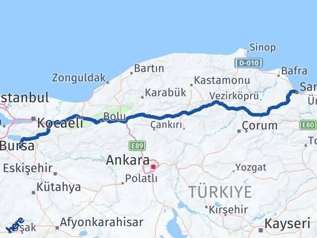 Samsun Yenişehir Bursa Arası Kaç Km - Yol Haritası