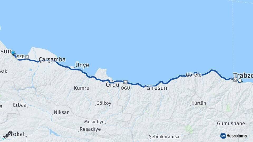 Samsun Yomra Trabzon Arası Kaç Km - Yol Haritası