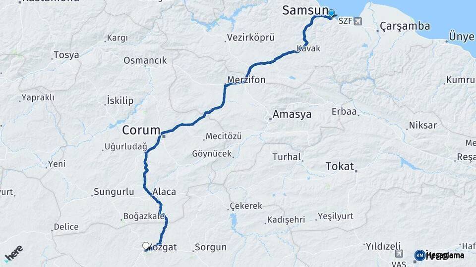 Samsun Yozgat Arası Kaç Km - Yol Haritası