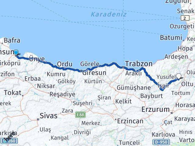 Samsun Yusufeli Artvin Arası Kaç Km - Yol Haritası