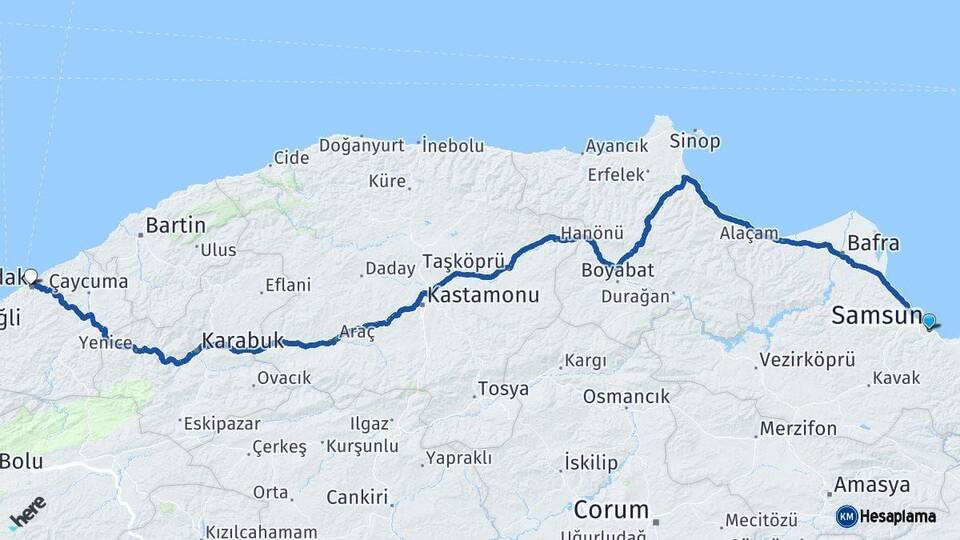 Samsun Zonguldak Arası Kaç Km - Yol Haritası