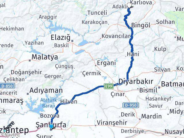 Şanlıurfa Adaklı Bingöl Arası Kaç Km - Yol Haritası