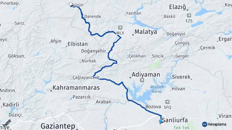 Şanlıurfa Adıyaman Havalimanı Arası Kaç Km - Yol Haritası