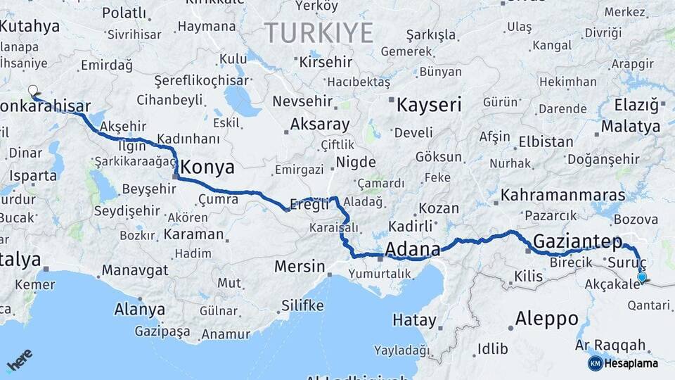 Şanlıurfa Akçakale Afyonkarahisar Arası Kaç Km - Yol Haritası