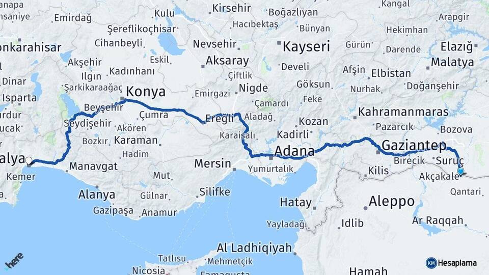 Şanlıurfa Akçakale Antalya Arası Kaç Km - Yol Haritası