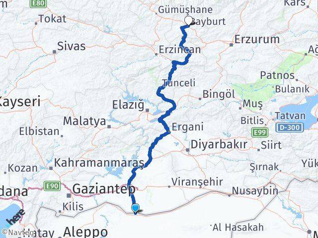 Şanlıurfa Akçakale Bayburt Arası Kaç Km - Yol Haritası