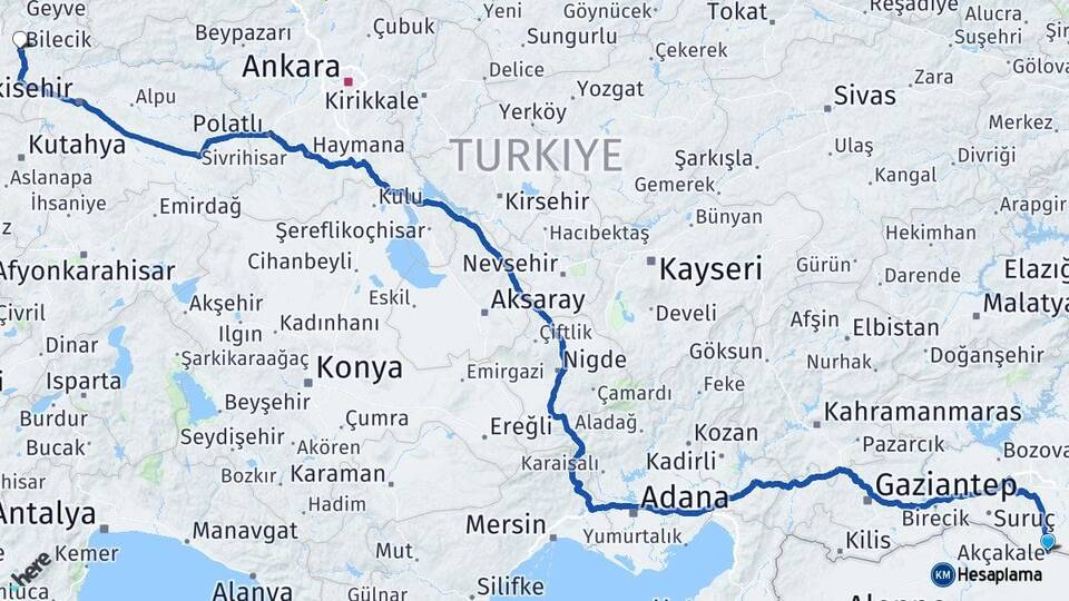 Şanlıurfa Akçakale Bilecik Arası Kaç Km - Yol Haritası