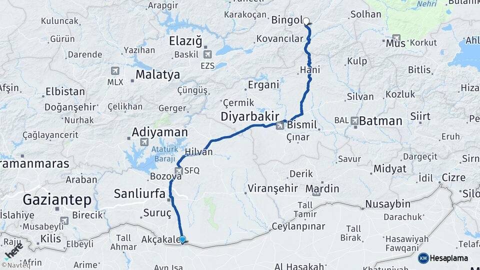 Şanlıurfa Akçakale Bingöl Arası Kaç Km - Yol Haritası