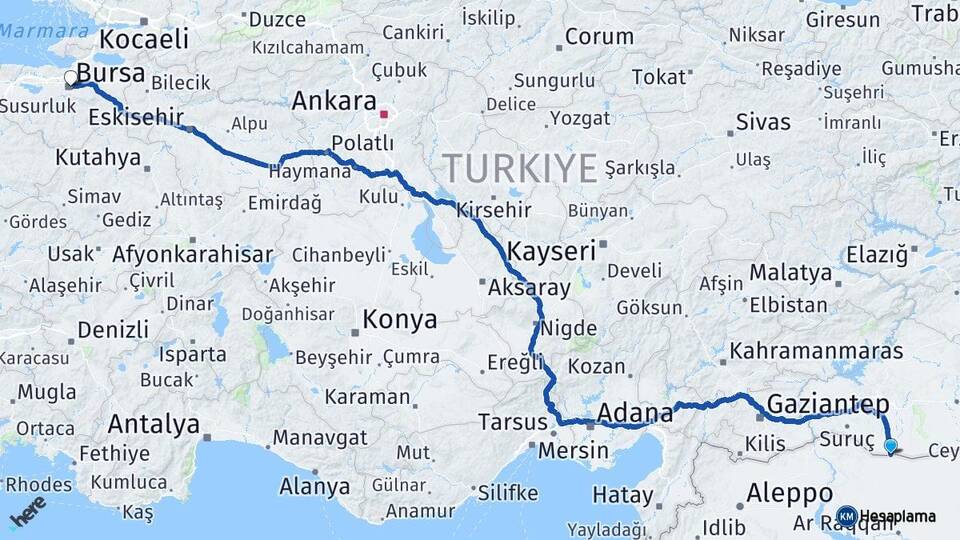 Şanlıurfa Akçakale Bursa Arası Kaç Km - Yol Haritası