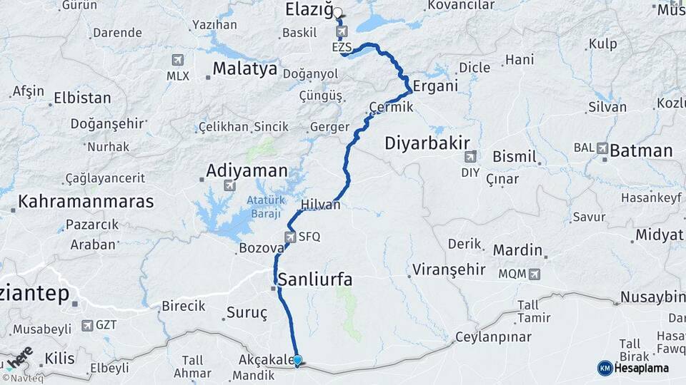 Şanlıurfa Akçakale Elazığ Arası Kaç Km - Yol Haritası