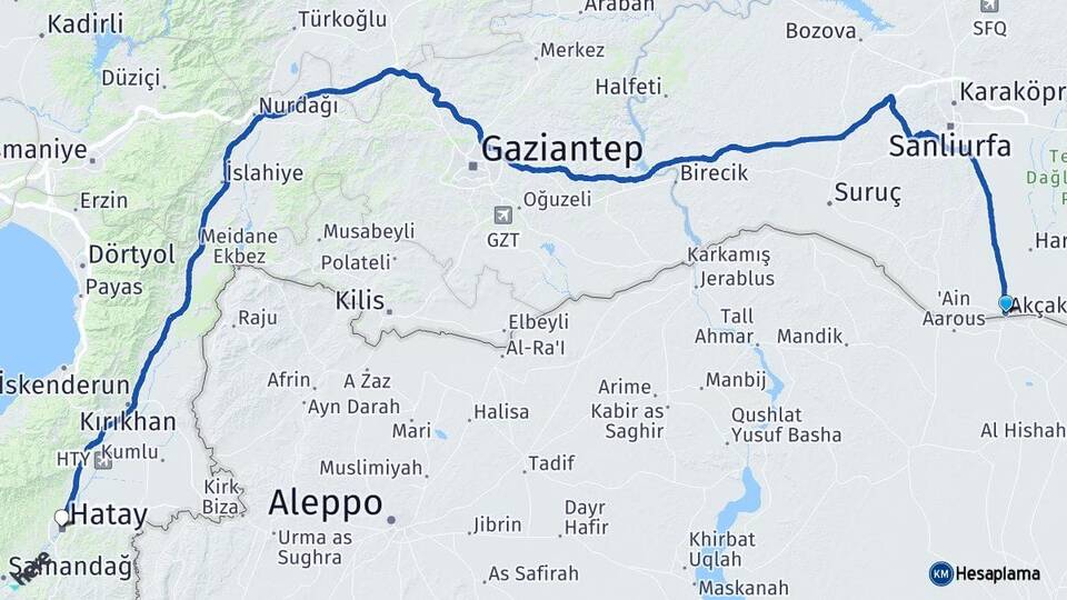Şanlıurfa Akçakale Hatay Arası Kaç Km - Yol Haritası