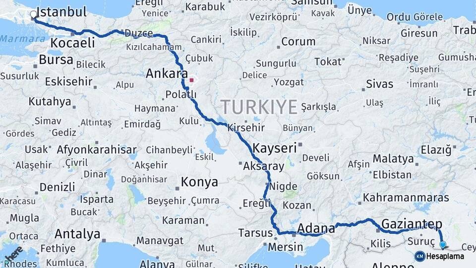 Şanlıurfa Akçakale İstanbul Arası Kaç Km - Yol Haritası