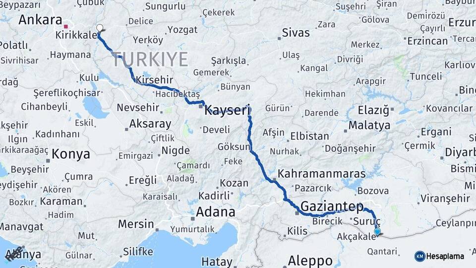 Şanlıurfa Akçakale Kırıkkale Arası Kaç Km - Yol Haritası