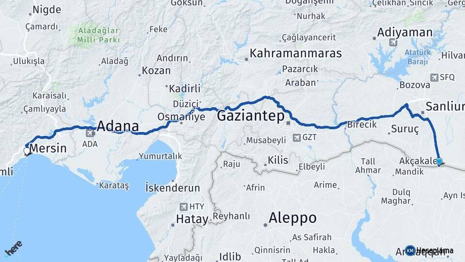 Şanlıurfa Akçakale Mersin Arası Kaç Km - Yol Haritası