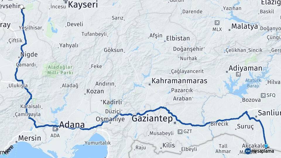 Şanlıurfa Akçakale Nevşehir Arası Kaç Km - Yol Haritası