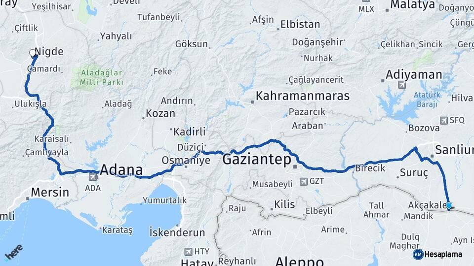 Şanlıurfa Akçakale Niğde Arası Kaç Km - Yol Haritası