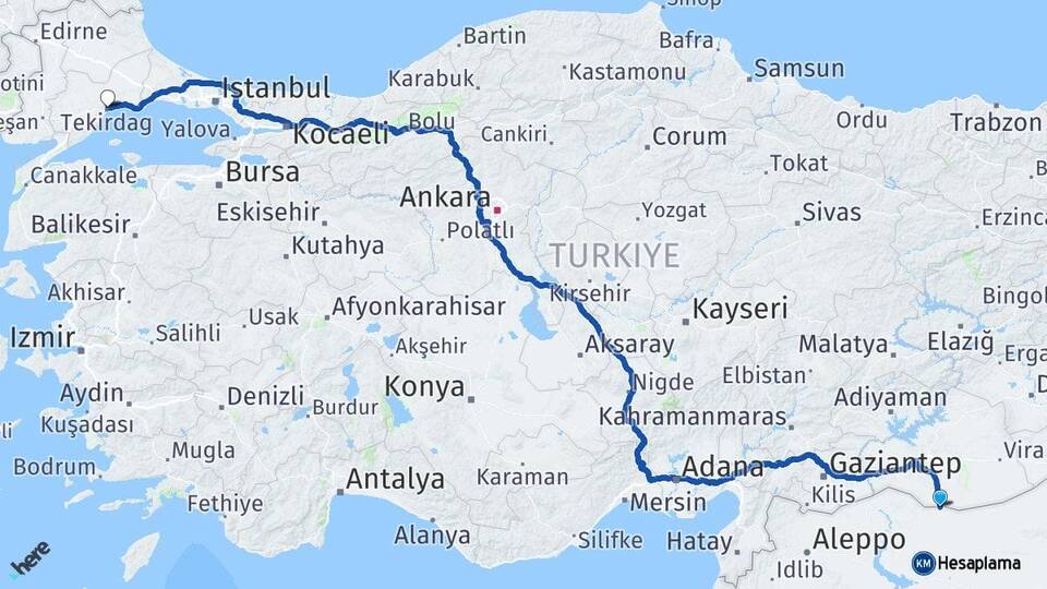 Şanlıurfa Akçakale Tekirdağ Arası Kaç Km - Yol Haritası