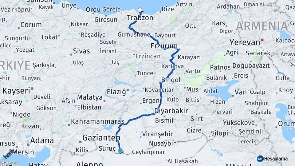 Şanlıurfa Akçakale Trabzon Arası Kaç Km - Yol Haritası