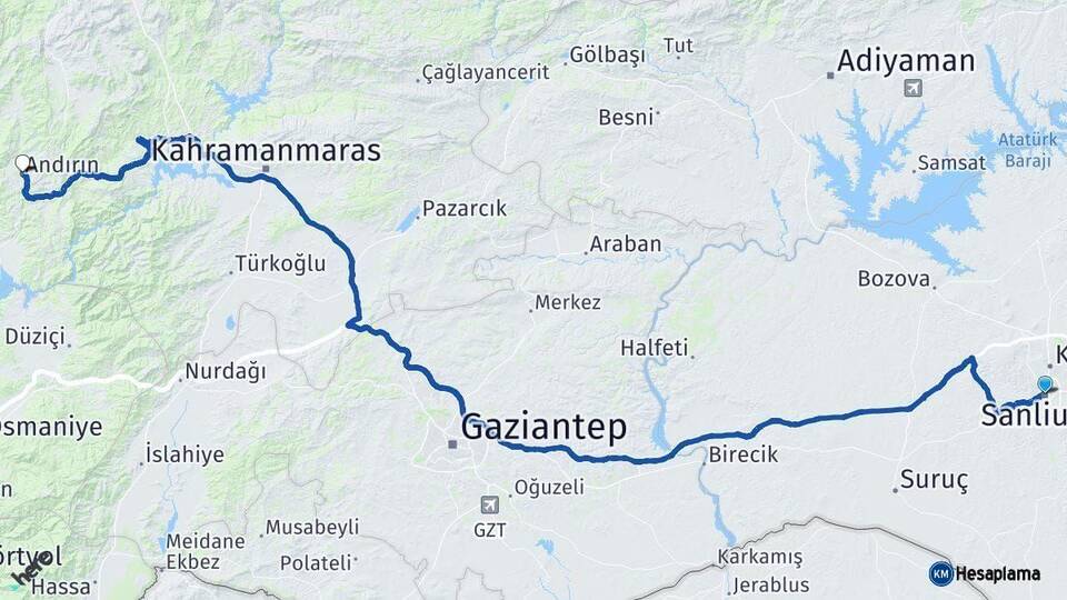 Şanlıurfa Andırın Kahramanmaraş Arası Kaç Km - Yol Haritası