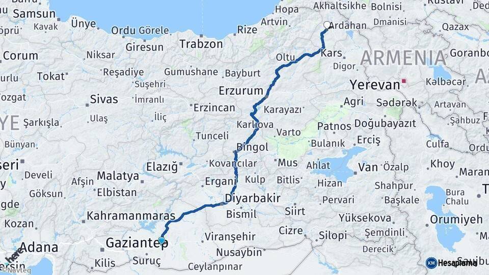 Şanlıurfa Ardahan Arası Kaç Km - Yol Haritası
