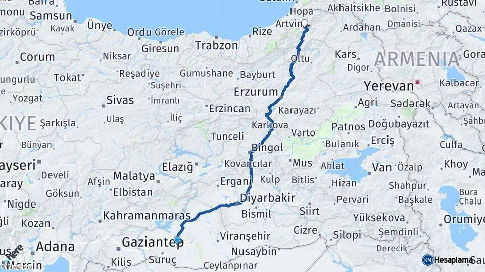 Şanlıurfa Artvin Arası Kaç Km - Yol Haritası