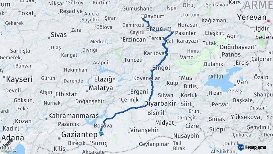 Şanlıurfa Bayburt Arası Kaç Km - Yol Haritası