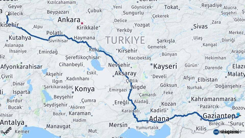 Şanlıurfa Bilecik Arası Kaç Km - Yol Haritası
