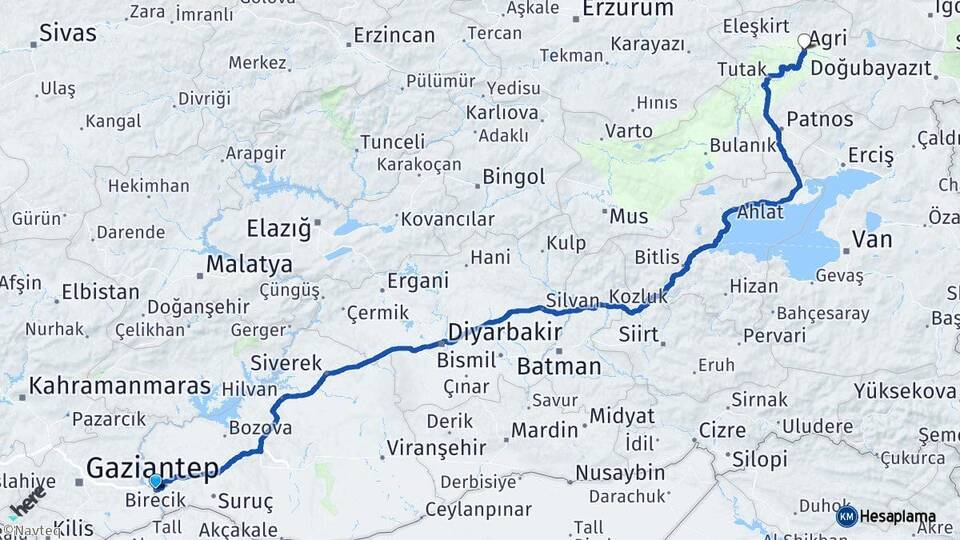 Şanlıurfa Birecik Ağrı Arası Kaç Km - Yol Haritası