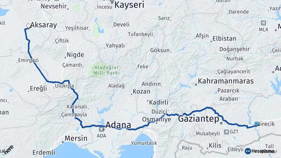 Şanlıurfa Birecik Aksaray Arası Kaç Km - Yol Haritası