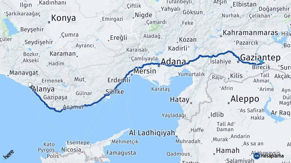 Şanlıurfa Birecik Alanya Antalya Arası Kaç Km - Yol Haritası
