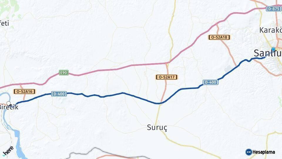 Şanlıurfa Birecik Arası Kaç Km - Yol Haritası