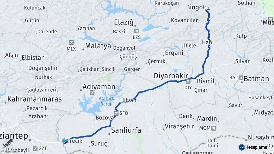 Şanlıurfa Birecik Bingöl Arası Kaç Km - Yol Haritası