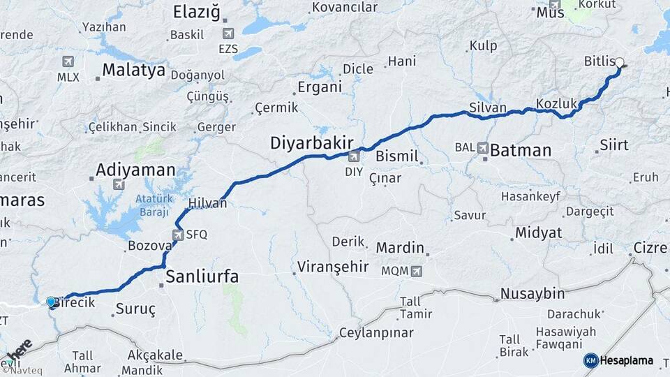 Şanlıurfa Birecik Bitlis Arası Kaç Km - Yol Haritası