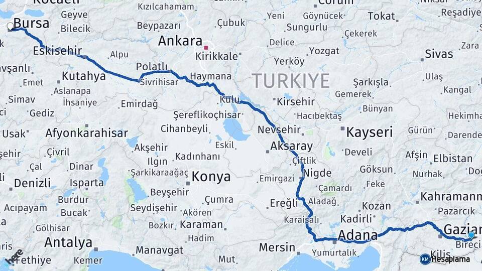 Şanlıurfa Birecik Bursa Arası Kaç Km - Yol Haritası