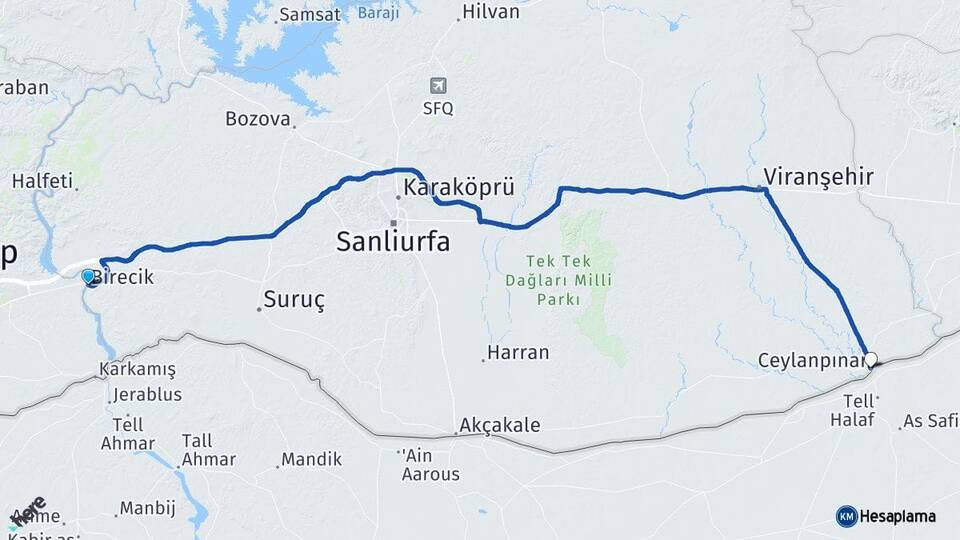 Şanlıurfa Birecik Ceylanpınar Arası Kaç Km - Yol Haritası