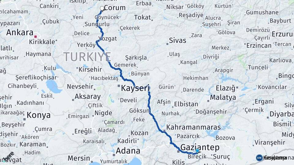 Şanlıurfa Birecik Çorum Arası Kaç Km - Yol Haritası