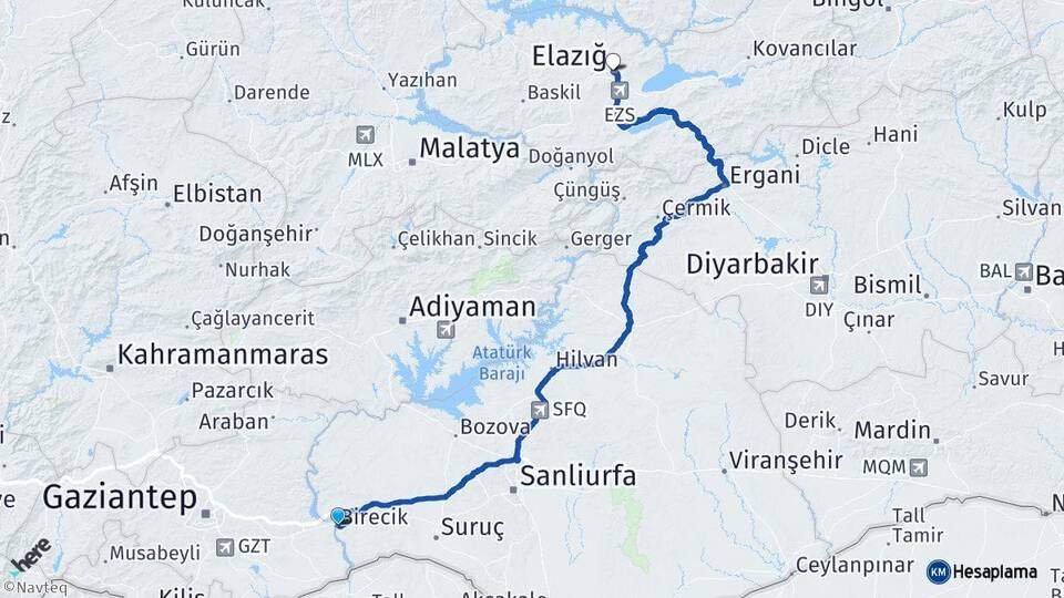Şanlıurfa Birecik Elazığ Arası Kaç Km - Yol Haritası