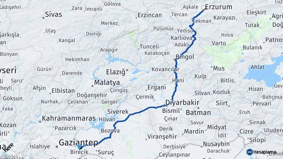 Şanlıurfa Birecik Erzurum Arası Kaç Km - Yol Haritası