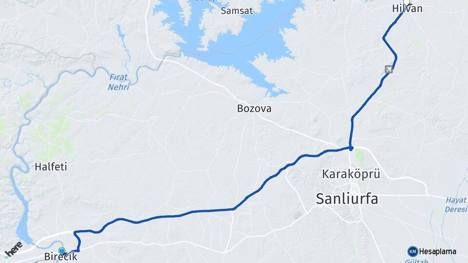 Şanlıurfa Birecik Hilvan Arası Kaç Km - Yol Haritası